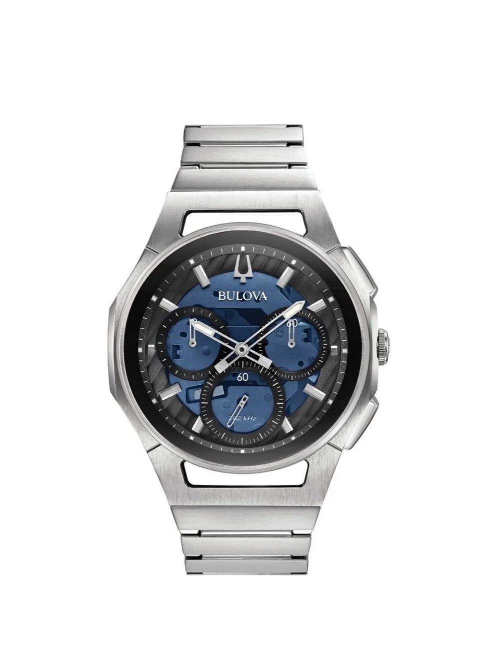 Bulova Silver and Blue Stainless Steel Chronograph Watch